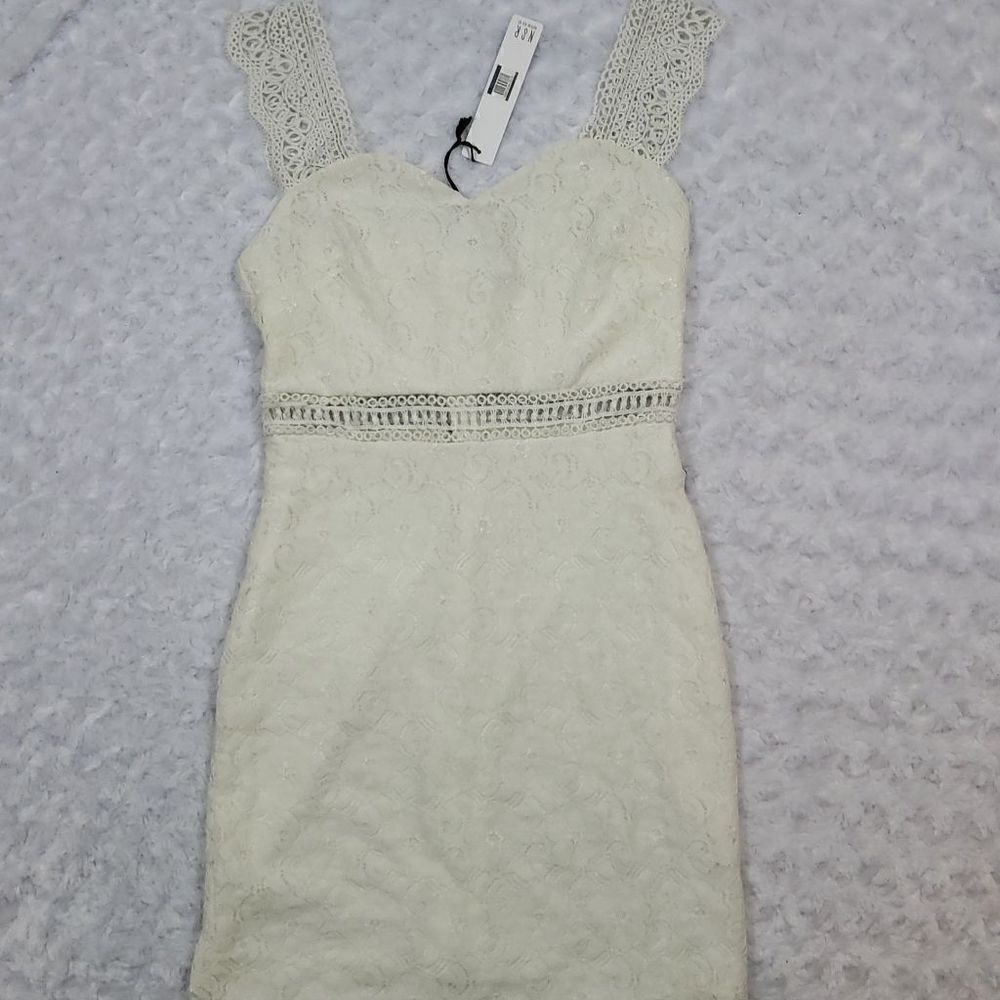 NSR Women Floral Crochet Lace Eyelet Sleeveless Sheath Mini Dress White Size Med